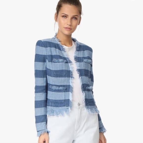 AG Adriano Goldschmied Blazer The Capucine Jacket Blue Stripe Crop Fray Hem XS - Picture 15 of 15
